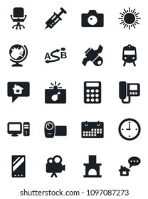 Set of vector isolated black icon - train vector, bomb in case, globe, camera, sun, office chair, fireplace, syringe, satellite, route, video, mobile, calendar, clock, calculator, intercome, pc