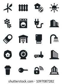 Set of vector isolated black icon - office building vector, key, bathroom, estate insurance, power plug, wireless lock, router, web camera, gear, water filter, washer, radiator, garage gate control