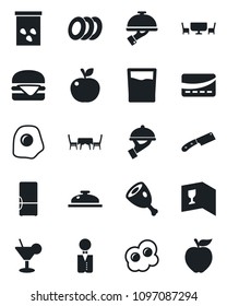 Set of vector isolated black icon - seeds vector, fridge, waiter, wine card, reception, drink, cocktail, plates, cafe table, credit, ham, hamburger, knife, omelette, apple fruit