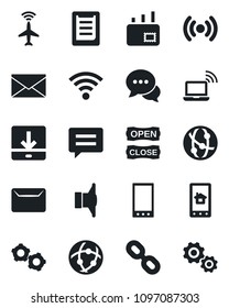 Set of vector isolated black icon - plane radar vector, wireless notebook, gear, mail, clipboard, speaker, network, dialog, chain, mobile, message, download, open close, home control app