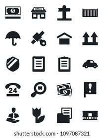 Set of vector isolated black icon - signpost vector, important flag, store, satellite, cash, 24 hours, client, cargo container, car delivery, clipboard, folder document, umbrella, warehouse storage
