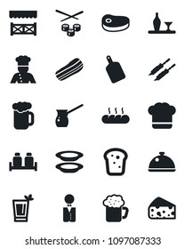 Set of vector isolated black icon - waiter vector, cook, dish, alcohol, hat, phyto bar, beer, plates, bacon, salt and pepper, bread, alcove, steak, kebab, cutting board, turkish coffee, sushi
