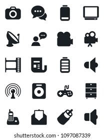 Set of vector isolated black icon - satellite antenna vector, film frame, archive chest, camera, news, speaker, gamepad, tv, video, dialog, radio phone, battery, low, mail, rca, sound