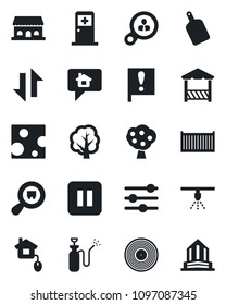 Set of vector isolated black icon - medical room vector, tree, garden sprayer, important flag, cargo container, search, vinyl, pause button, tuning, data exchange, fruit, cafe building, alcove