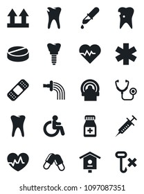 Set of vector isolated black icon - disabled vector, watering, bird house, heart pulse, stethoscope, syringe, dropper, pills, bottle, patch, tomography, ambulance star, tooth, caries, implant