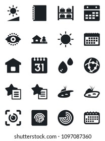 Set of vector isolated black icon - radar vector, luggage storage, sun, favorites list, network, calendar, brightness, eye id, fingerprint, copybook, house with tree, pond, smart home, water