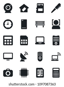 Set of vector isolated black icon - wireless notebook vector, pen, bench, clock, satellite antenna, camera, monitor, laptop pc, phone back, calculator, sd, sim, face id, smart home, chip, web