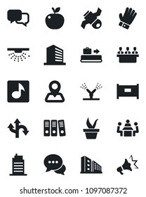Set of vector isolated black icon - fence vector, baggage conveyor, office building, seedling, glove, route, navigation, satellite, dialog, music, paper binder, meeting, city house, apple fruit