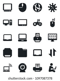 Set of vector isolated black icon - wireless notebook vector, mouse, pc, printer, monitor pulse, virus, gamepad, tv, network, laptop, hdmi, folder, data exchange, web camera, man with
