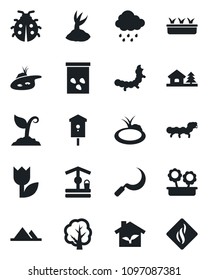 Set of vector isolated black icon - tree vector, sproute, lady bug, seedling, rain, well, sickle, seeds, caterpillar, pond, bird house, tulip, with, mountains, flower in pot, eco, smoke detector