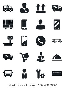 Set of vector isolated black icon - airport bus vector, phone, mobile, ambulance car, doctor, client, consolidated cargo, up side sign, heavy scales, cell, root setup, support, moving, waiter, dish