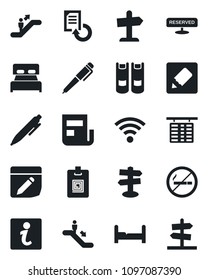 Set of vector isolated black icon - escalator vector, no smoking, flight table, book, pen, document reload, signpost, notes, wireless, news, identity card, bedroom, reserved, information, guidepost