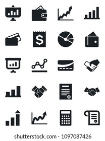 Set of vector isolated black icon - handshake vector, growth statistic, receipt, bar graph, pie, point, contract, credit card, wallet, calculator, presentation