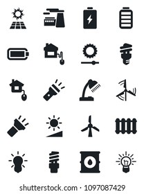 Set of vector isolated black icon - factory vector, oil barrel, battery, torch, brightness, desk lamp, windmill, home control, radiator, bulb, energy saving, sun panel, idea