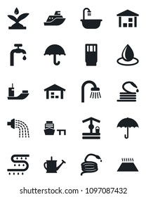 Set of vector isolated black icon - watering can vector, water drop, well, hose, drip irrigation, sea shipping, port, umbrella, warehouse, supply, bathroom, drink, warm floor