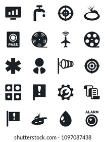 Set of vector isolated black icon - plane radar vector, passport, wind, contract, statistic monitor, water drop, pond, ambulance star, important flag, reel, application, root setup, target, supply