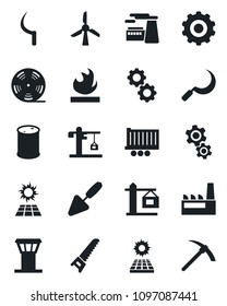 Set of vector isolated black icon - airport tower vector, gear, factory, trowel, saw, sickle, truck trailer, flammable, oil barrel, reel, sun panel, crane, windmill, hard work