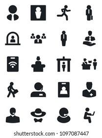 Set of vector isolated black icon - passport control vector, security gate, male, reception, manager, team, run, doctor, support, client, identity card, estate agent, dress code, pass