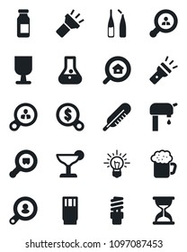 Set of vector isolated black icon - thermometer vector, ampoule, fragile, search cargo, torch, water supply, estate, client, drink, cocktail, beer, energy saving bulb, consumer, money, idea, flask