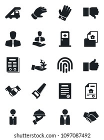Set of vector isolated black icon - ladder car vector, medical room, handshake, glove, saw, client, finger up, down, fingerprint id, contract, estate document, waiter, palm sproute