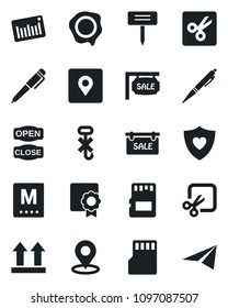 Set of vector isolated black icon - stamp vector, plant label, heart shield, up side sign, no hook, barcode, sd, cut, place tag, sertificate, pen, sale, menu, open close, paper plane