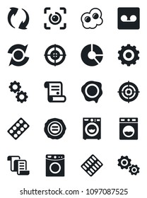 Set of vector isolated black icon - gear vector, contract, circle chart, stamp, pills blister, update, record, eye id, target, washer, omelette