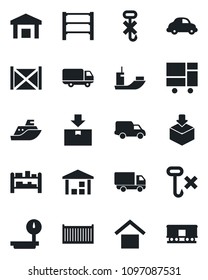 Set of vector isolated black icon - sea shipping vector, cargo container, car delivery, consolidated, warehouse storage, no hook, package, heavy scales, rack, railroad