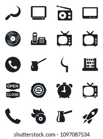 Set of vector isolated black icon - alarm clock vector, phone, tv, abacus, stamp, sickle, vinyl, flame disk, radio, call, office, open close, turkish coffee, rocket
