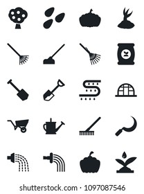 Set of vector isolated black icon - job vector, shovel, rake, watering can, wheelbarrow, sproute, hoe, sickle, pumpkin, greenhouse, seeds, fertilizer, drip irrigation, fruit tree