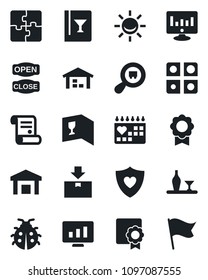 Set of vector isolated black icon - statistic monitor vector, contract, lady bug, heart shield, medical calendar, warehouse, package, search cargo, application, sertificate, alcohol, wine card, flag