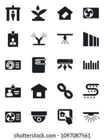 Set of vector isolated black icon - security gate vector, identity card, drip irrigation, sorting, barcode, chain, air conditioner, smart home, water heater, control app, surveillance, sprinkler