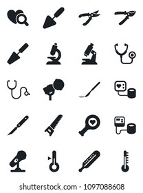 Set of vector isolated black icon - trowel vector, pruner, saw, stethoscope, blood pressure, thermometer, heart diagnostic, microscope, scalpel, microphone