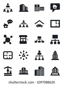 Set of vector isolated black icon - hierarchy vector, well, molecule, hospital, office building, garage, plan, home message