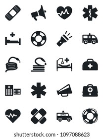Set of vector isolated black icon - hose vector, heart pulse, doctor case, patch, ambulance star, car, hospital bed, loudspeaker, torch, crisis management
