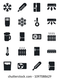 Set of vector isolated black icon - thermometer vector, heater, air conditioner, fridge, drink, beer, snowflake