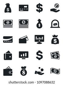 Set of vector isolated black icon - credit card vector, ticket office, dollar sign, money bag, statistic monitor, cash, wallet, investment