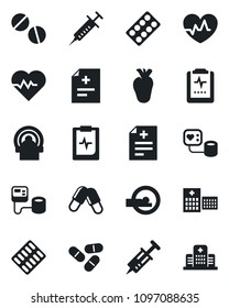Set of vector isolated black icon - heart pulse vector, diagnosis, syringe, blood pressure, pills, blister, tomography, real, clipboard, hospital