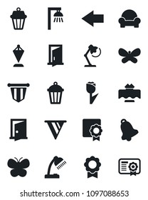 Set of vector isolated black icon - left arrow vector, pennant, butterfly, garden light, tulip, bell, sertificate, desk lamp, cushioned furniture, restaurant table, outdoor, door, pennon