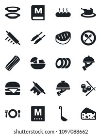 Set of vector isolated black icon - spoon and fork vector, cafe, menu, salad, plates, bacon, waiter, bread, chicken, steak, kebab, hamburger, ladle, rolling pin, sushi, cheese