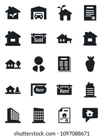 Set of vector isolated black icon - office building vector, house, real heart, contract, with garage, tree, estate document, rent, sold signboard, agent, city, eco, home message