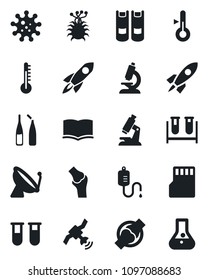 Set of vector isolated black icon - satellite antenna vector, book, blood test vial, dropper, microscope, ampoule, joint, virus, sd, thermometer, rocket, flask