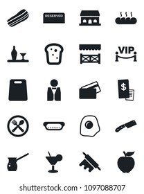 Set of vector isolated black icon - waiter vector, alcohol, cafe, reserved, cocktail, bacon, bread, building, vip zone, alcove, credit card, restaurant receipt, hot dog, rolling pin, cutting board