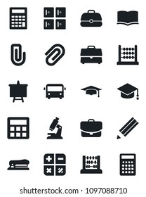 Set of vector isolated black icon - airport bus vector, checkroom, book, calculator, graduate, abacus, presentation board, microscope, case, paper clip, pencil, stapler