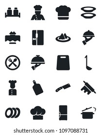 Set of vector isolated black icon - fridge vector, cook, restaurant table, serviette, cafe, hat, plates, waiter, salt and pepper, ladle, rolling pin, cutting board, knife, steaming pan