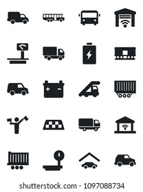 Set of vector isolated black icon - dispatcher vector, taxi, airport bus, ladder car, truck trailer, delivery, heavy scales, railroad, garage, gate control, battery