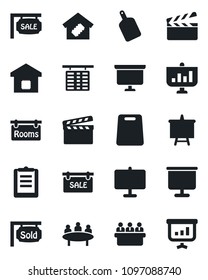 Set of vector isolated black icon - flight table vector, presentation board, meeting, clipboard, clapboard, sale, rooms, sold signboard, smart home, cutting