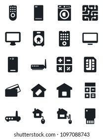 Set of vector isolated black icon - calculator vector, monitor, speaker, phone back, sim, washer, smart home, credit card, control, chip, remote, router, usb flash