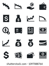 Set of vector isolated black icon - safe vector, dollar sign, money bag, crisis graph, cash, receipt, credit card, wallet, growth, search, investment