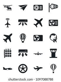 Set of vector isolated black icon - plane vector, airport tower, radar, wind, helicopter, seat map, globe, air conditioner, fan, paper, balloon