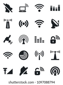 Set of vector isolated black icon - antenna vector, wireless notebook, radar, satellite, equalizer, mute, cellular signal, lock